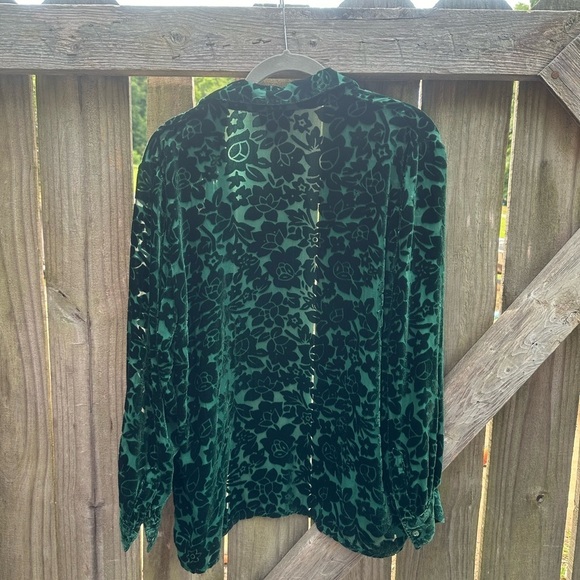 New York & Company Emerald Green Silk Blend Floral Velvet Burnout Button Down - Picture 5 of 5